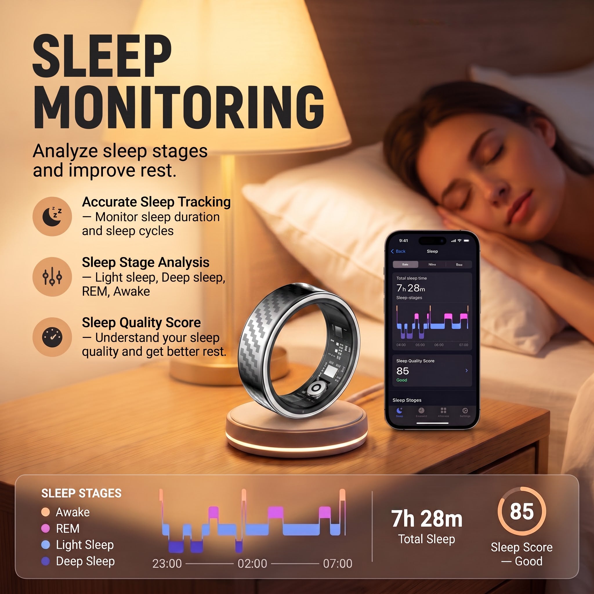 Titan Chevron Pattern Luna Smart Ring IP68 Waterproof Sleep and Fitness Tracker Rings - LN01
