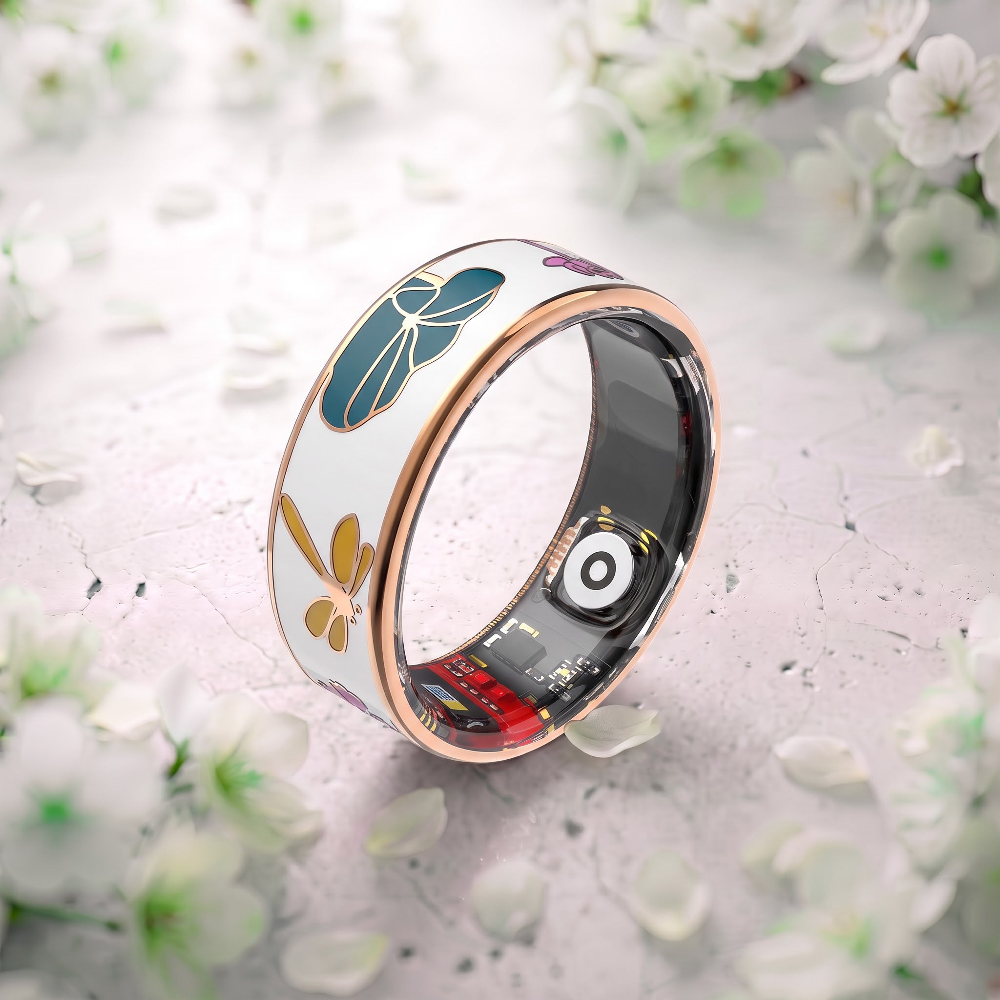 Dragonfly And Flowers Abstract Artwork Luna Smart Ring IP68 Waterproof Sleep and Fitness Tracker Rings - DAA02
