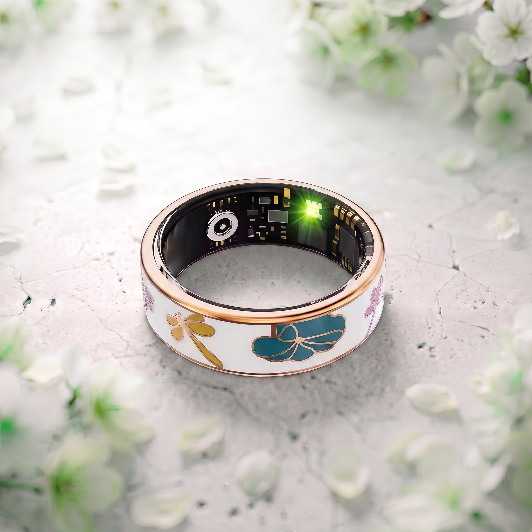 Dragonfly And Flowers Abstract Artwork Luna Smart Ring IP68 Waterproof Sleep and Fitness Tracker Rings - DAA02