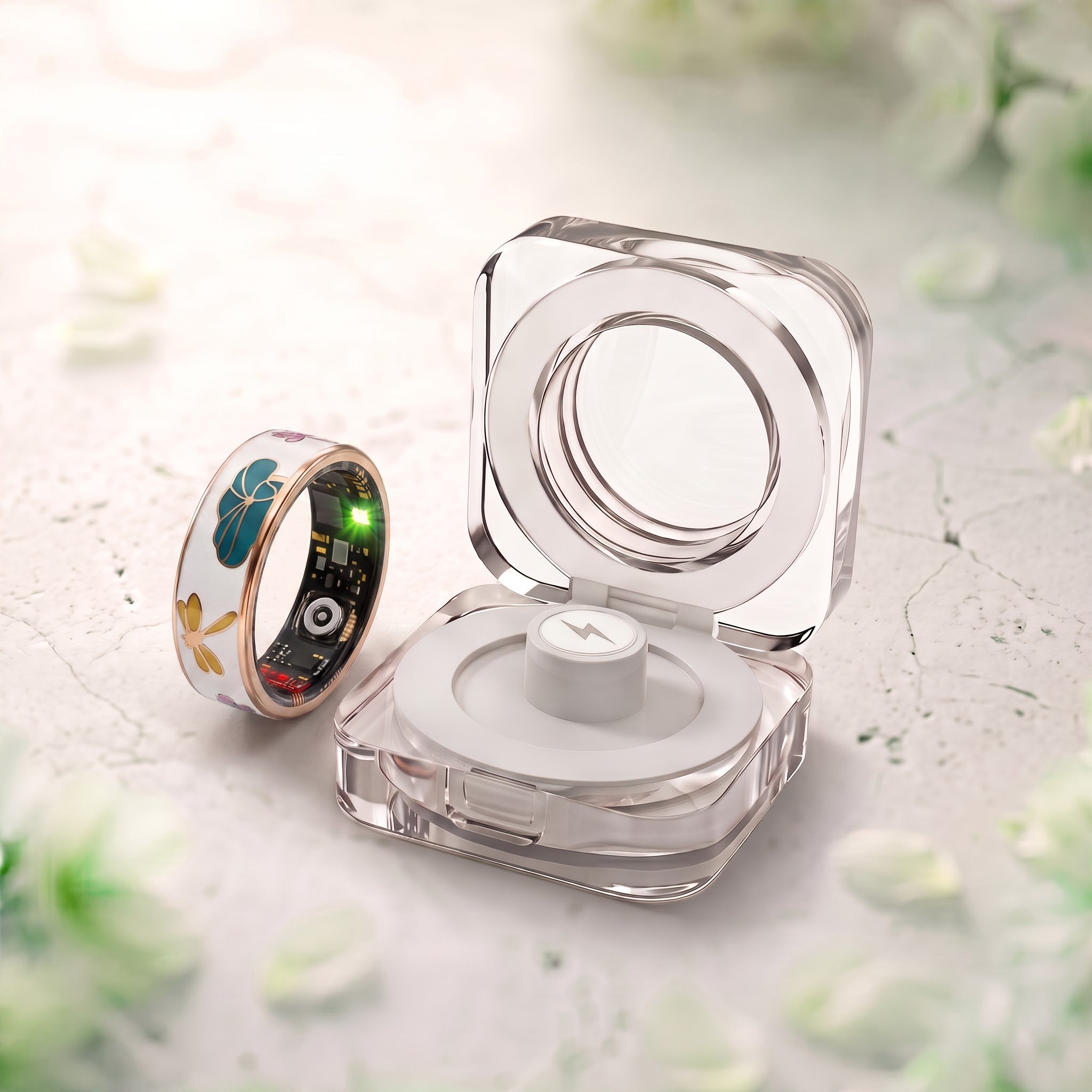 Dragonfly And Flowers Abstract Artwork Luna Smart Ring IP68 Waterproof Sleep and Fitness Tracker Rings - DAA02