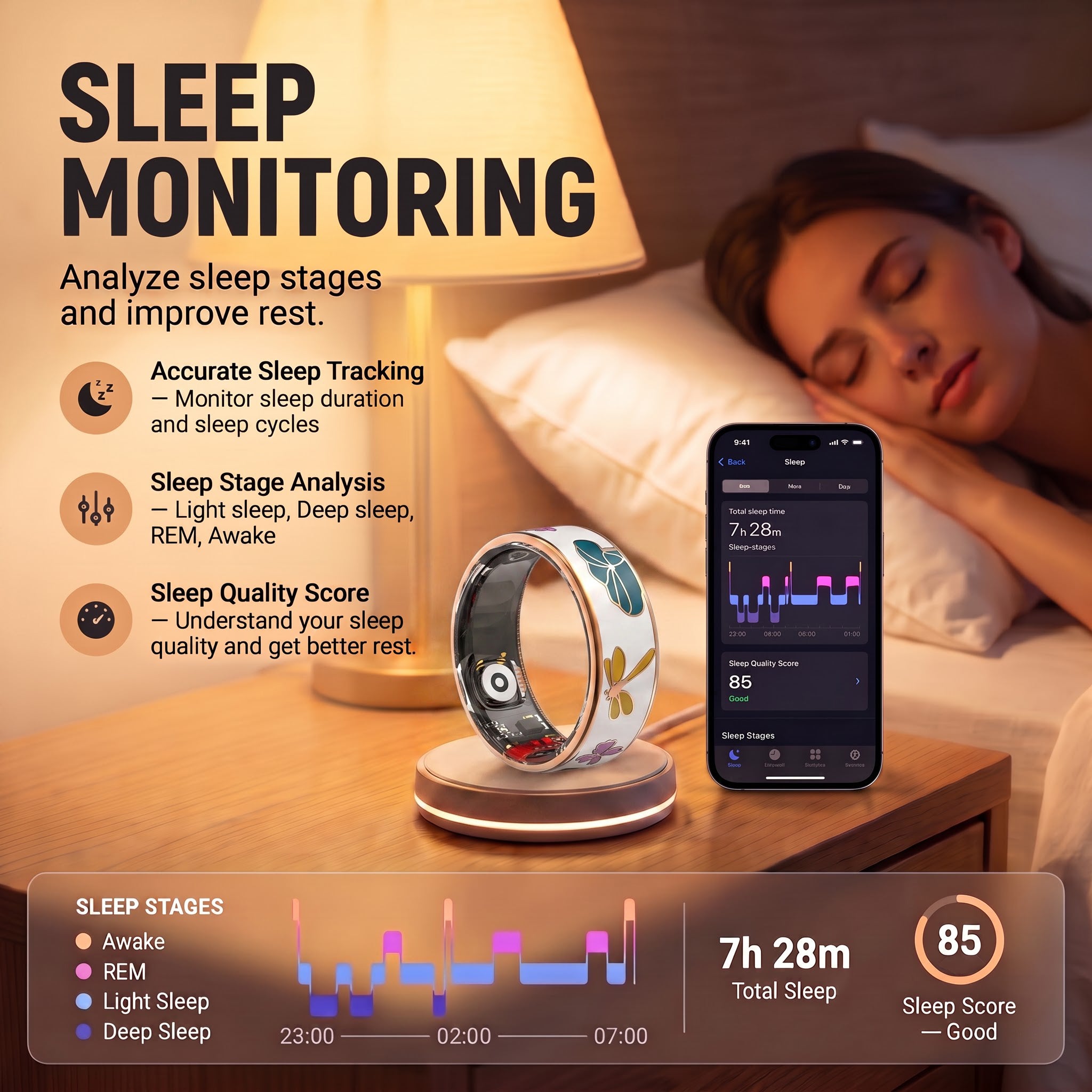 Dragonfly And Flowers Abstract Artwork Luna Smart Ring IP68 Waterproof Sleep and Fitness Tracker Rings - DAA02