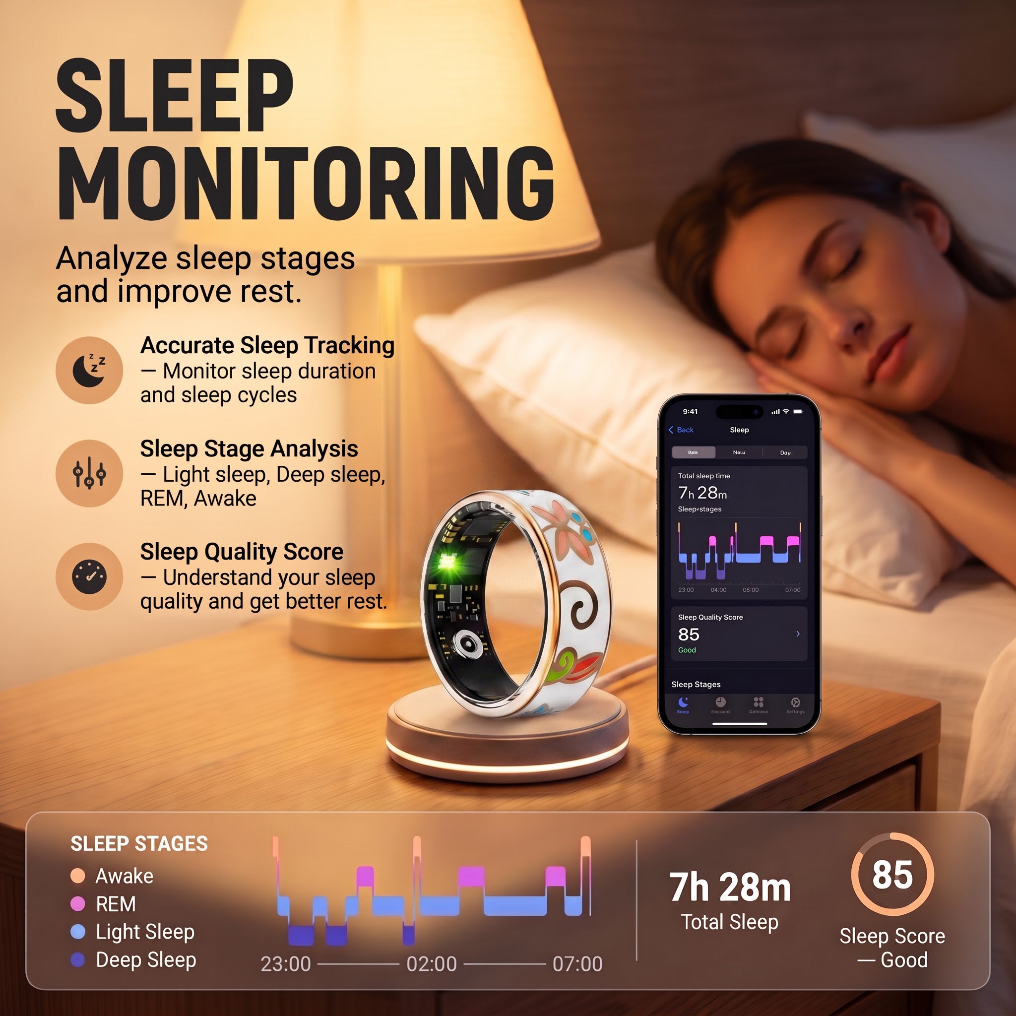 Dragonfly Abstract Artwork Luna Smart Ring IP68 Waterproof Sleep and Fitness Tracker Rings - DAA01
