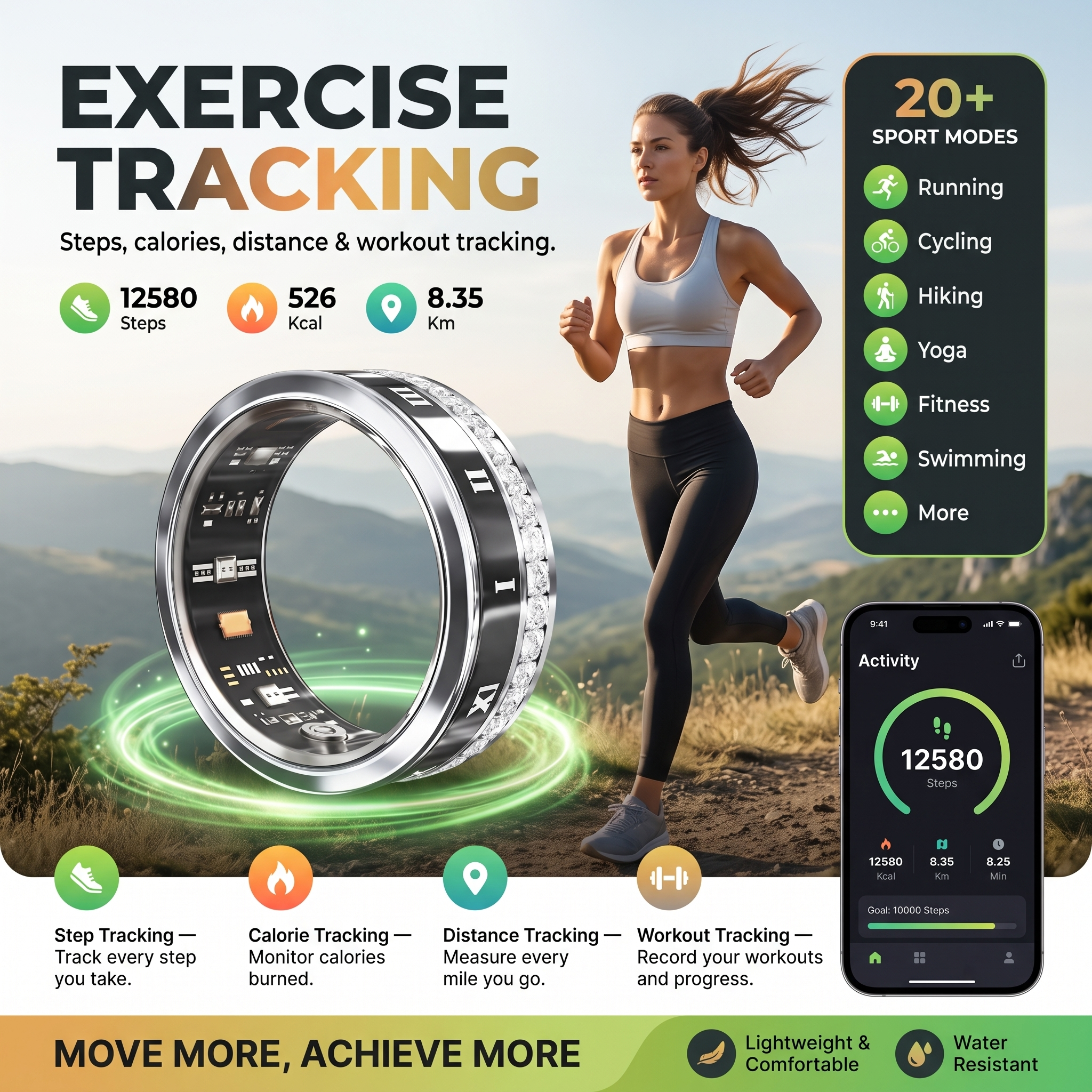 Crystal Luna Smart Ring IP68 Waterproof Sleep and Fitness Tracker Rings - V02