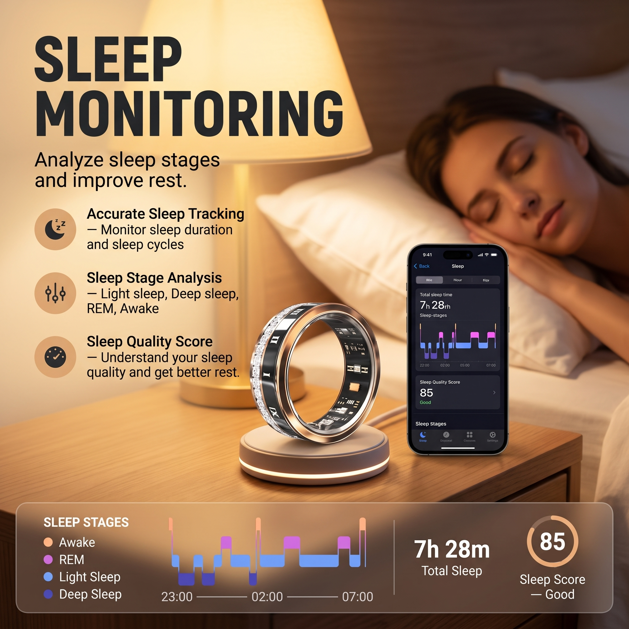 Crystal Luna Smart Ring IP68 Waterproof Sleep and Fitness Tracker Rings - V02