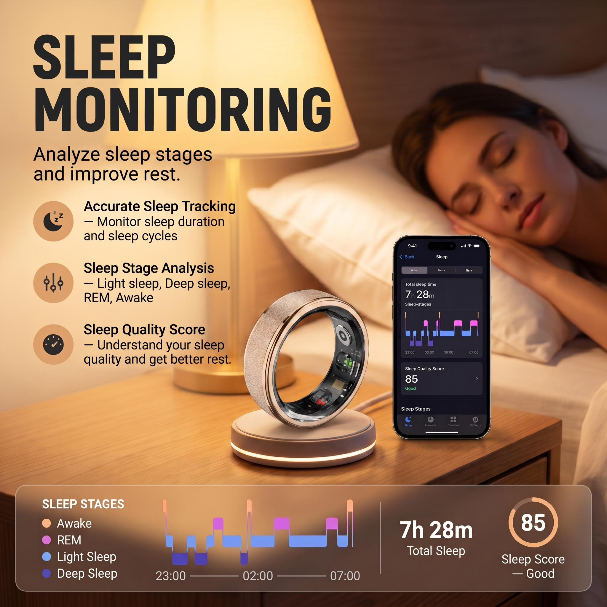 Frosted Luna Smart Ring IP68 Waterproof Sleep and Fitness Tracker Rings