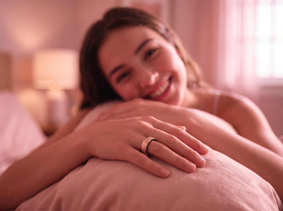 A woman lying on a bed in warm lamplight, hands folded in front of her, wearing the Luna ring.