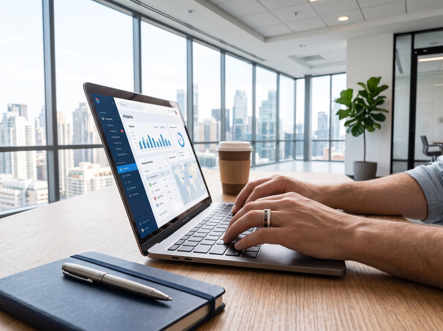 A hand wearing the Luna ring typing on a laptop at a sunlit office desk.