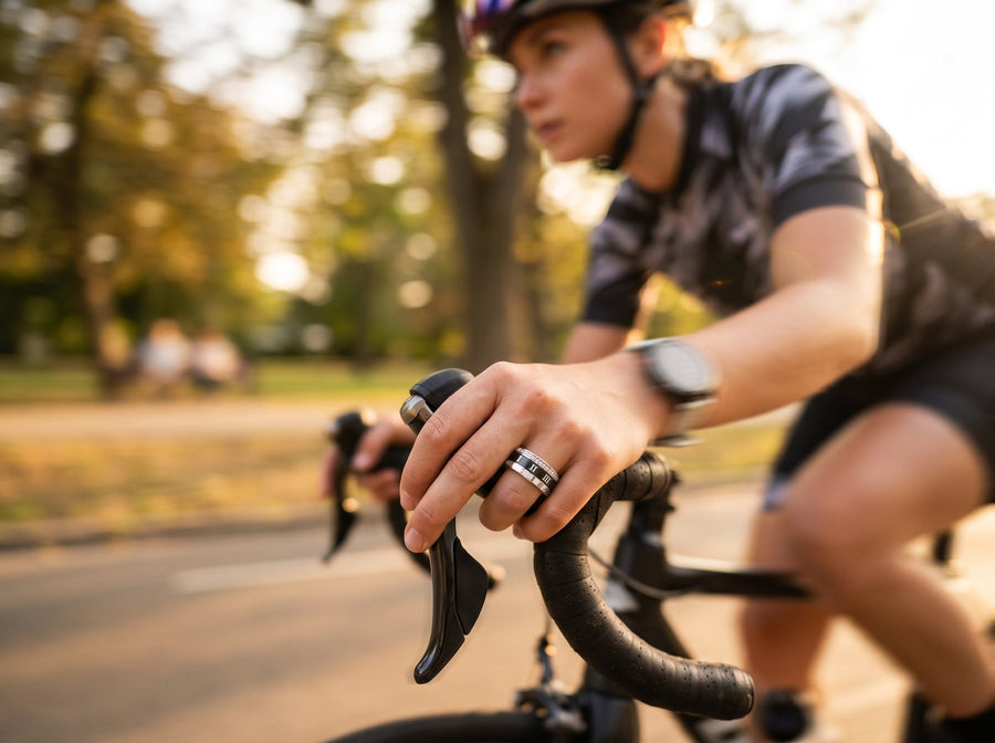 A cyclist's hand on the drop handlebar of a road bike, wearing the Luna ring, trees blurring past.