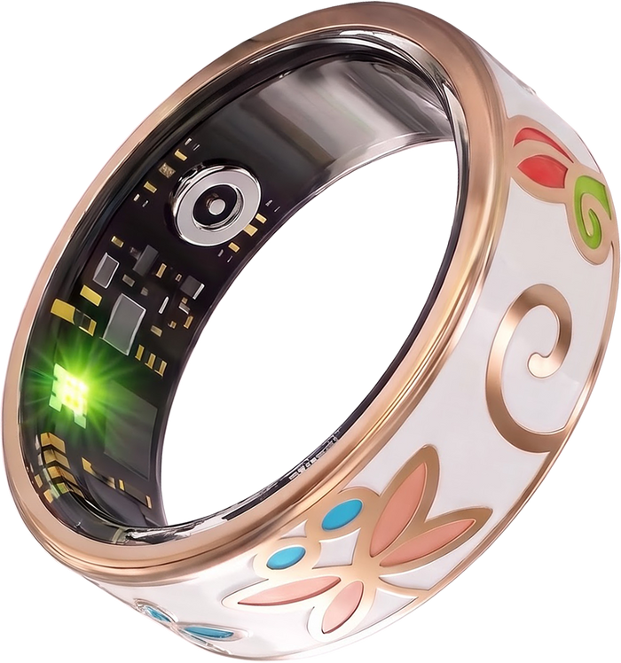 The Luna smart ring seen at an angle, showing the sensor board inside the band and the white enamel outer edge painted with floral dragonfly artwork.