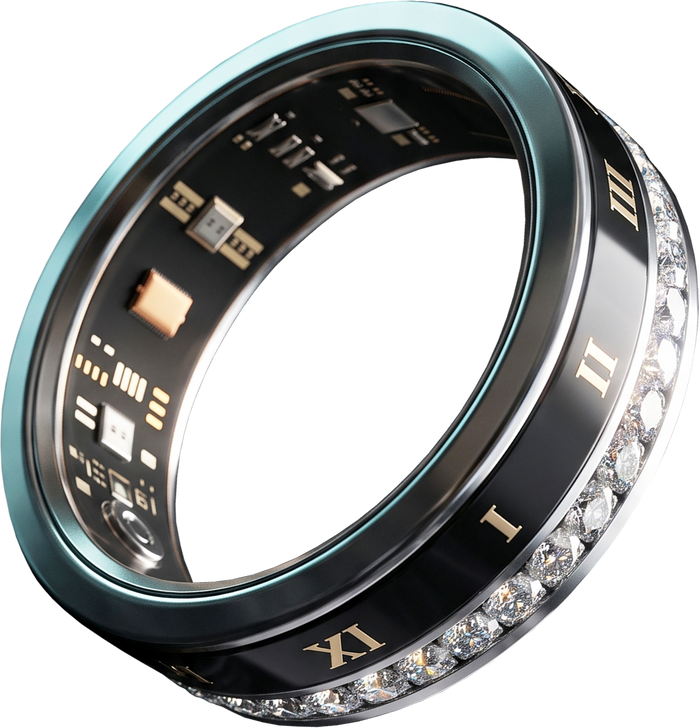 The Luna smart ring seen at an angle, showing the sensor board inside the band and the diamond-set outer edge.